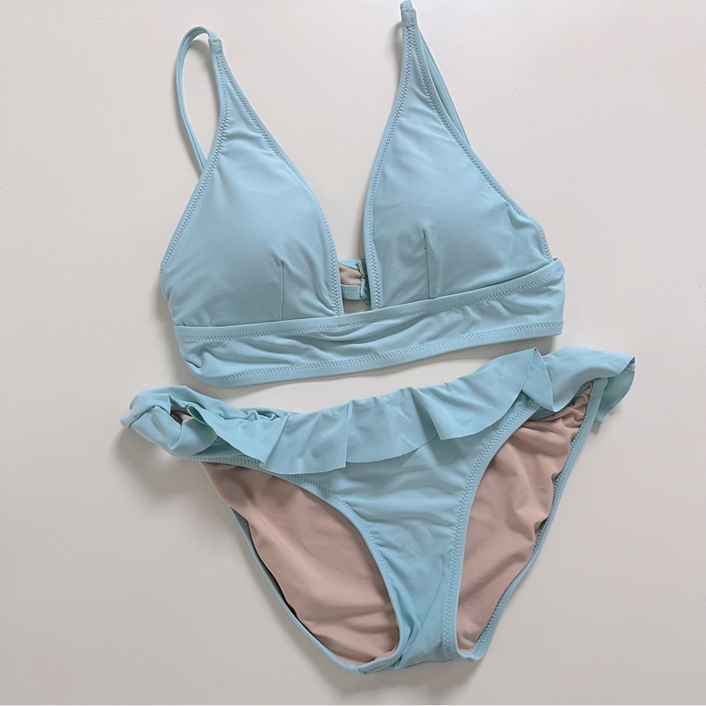 J Crew Aqua Turquoise Ruffle Bottom Bikini Size XS